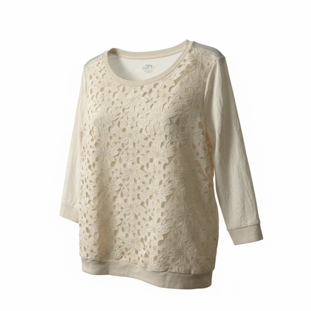 LOFT ✨Cream Lace Front Sweater Top 3/4 Sleeve Soft Knit Blouse XL